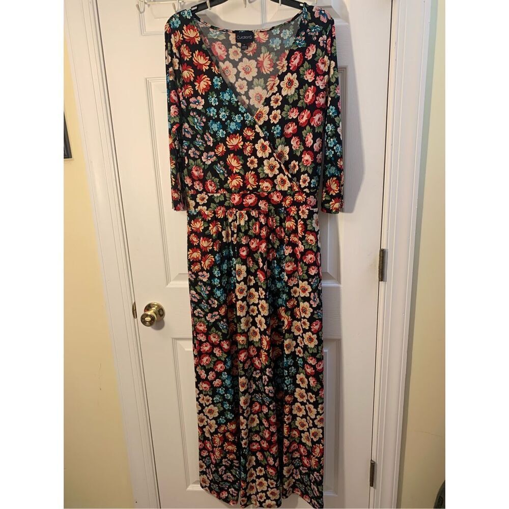 CURATIONS MAXI DRESS BOHO WRAP FRONT V NECK 3/4 SLEEVES BANDED WAIST SZ MED